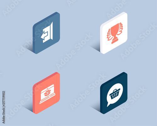 Set of Winner, Online delivery and Sign out icons. Shopping cart sign. Sports achievement, Parcel tracking website, Logout. Dreaming of gift.  3d isometric buttons. Flat design concept. Vector