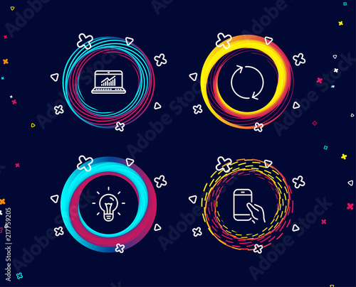 Set of Refresh  Online statistics and Idea icons. Hold smartphone sign. Rotation  Computer data  Light bulb. Phone call.  Circle banners with line icons. Gradient colors shapes. Vector