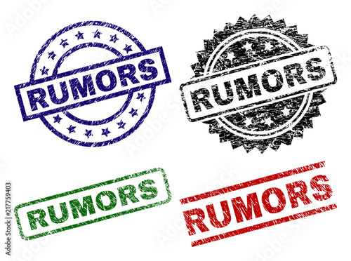 RUMORS seal prints with corroded texture. Black, green,red,blue vector rubber prints of RUMORS label with corroded style. Rubber seals with circle, rectangle, medallion shapes.