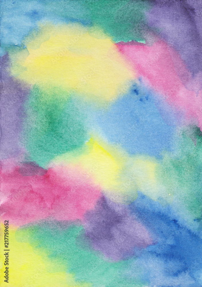 Colorful watercolor background. Bright  colorful aquarelle backdrop hand painted. Blue, yellow, purple, pink, green watercolour wallpaper