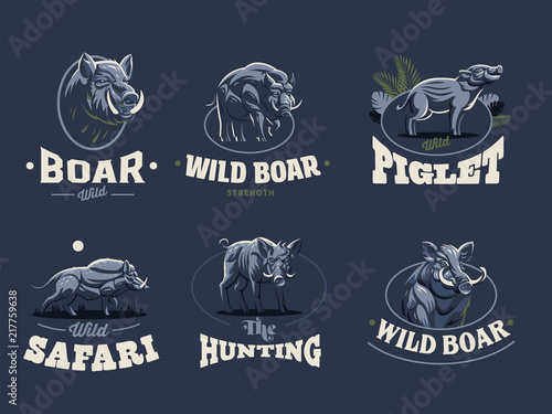 Set of vintage wild boar emblems. 