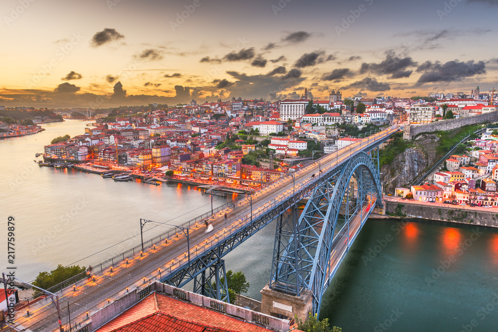 Porto, Portugal Town Skyline Over the Douro River and Dom Louis I Bridge.