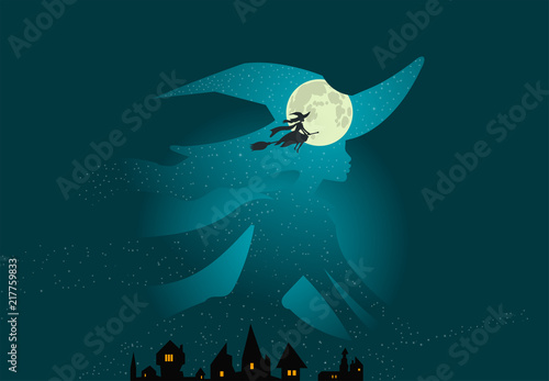 Halloween: witch flies on broomstick, full moon