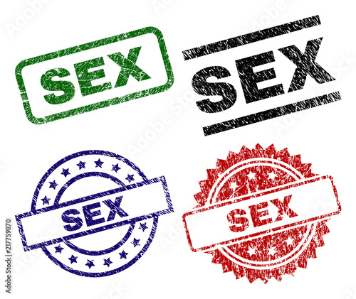 SEX seal prints with damaged style. Black, green,red,blue vector rubber prints of SEX label with scratched style. Rubber seals with circle, rectangle, medal shapes.