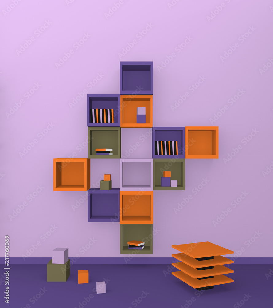 Modernes Wohnen: Regal aus Würfeln in trendigen Farben aus Vorderansicht. 3d render Modernes Wohnen: Regal aus Würfeln in trendigen Farben aus Vorderansicht. 3d render