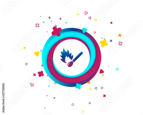 Match stick burns icon. Burning matchstick sign. Fire symbol. Colorful button with icon. Geometric elements. Vector