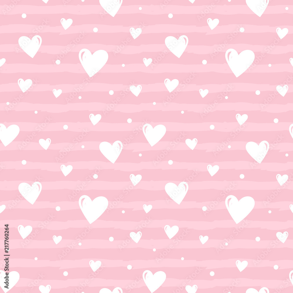 Valentines day cute and romantic seamless pattern background with hearts, dots and stripes. 
