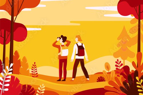 Vector illustration in flat linear style - autumn background