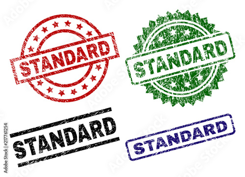 STANDARD seal prints with corroded texture. Black, green,red,blue vector rubber prints of STANDARD label with corroded texture. Rubber seals with circle, rectangle, rosette shapes.