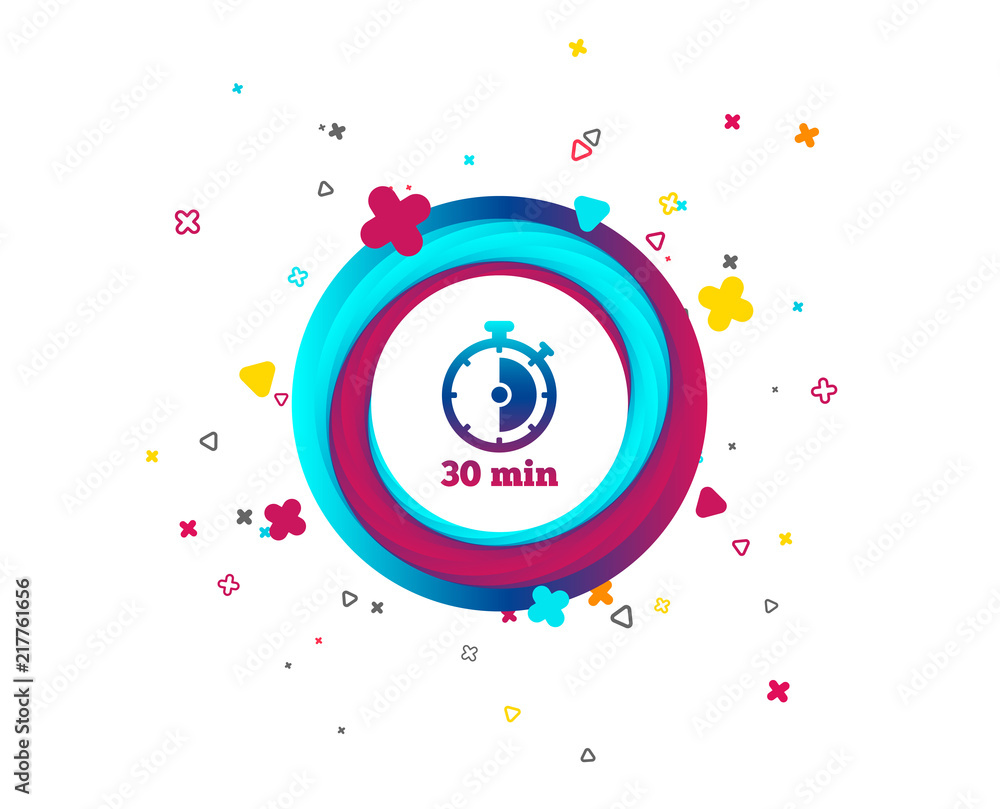 Timer sign icon. 30 minutes stopwatch symbol. Colorful button with icon. Geometric elements. Vector