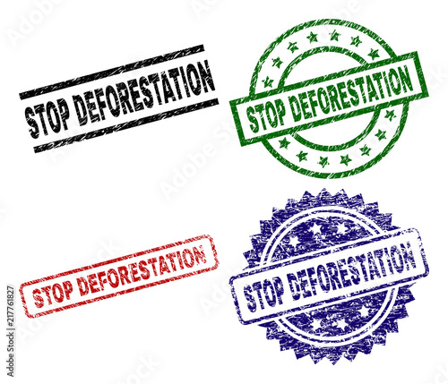 STOP DEFORESTATION seal prints with distress style. Black, green,red,blue vector rubber prints of STOP DEFORESTATION label with dust style. Rubber seals with circle, rectangle, medal shapes.
