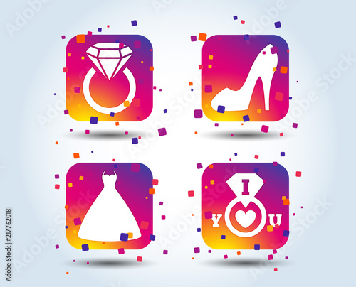 Wedding dress icon. Women's shoe symbol. Wedding or engagement day ring with diamond sign. Colour gradient square buttons. Flat design concept. Vector