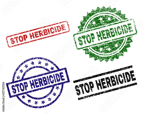 STOP HERBICIDE seal prints with corroded surface. Black, green,red,blue vector rubber prints of STOP HERBICIDE tag with corroded texture. Rubber seals with circle, rectangle, medal shapes.