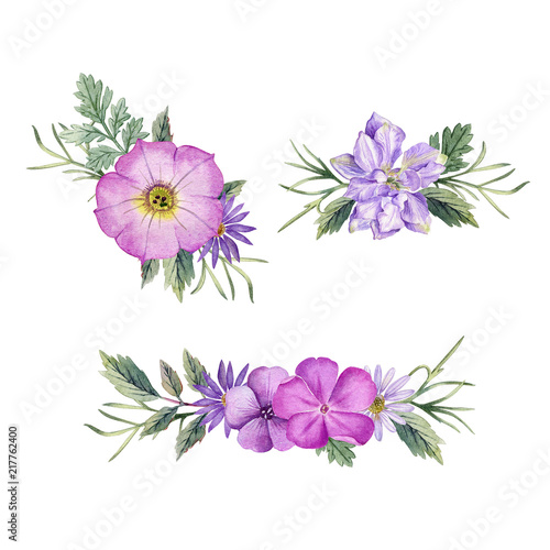 purple flowers arrangement. Watercolor hand drawn arrangement set. Can be used as print, postcard, invitation,greeting card, packaging design, textile, stickers, element design.