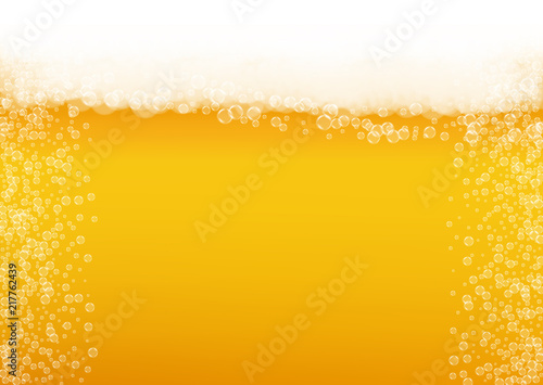 Beer background with realistic bubbles.  Cool liquid drink for pub and bar menu design, banners and flyers.  Yellow horizontal beer background with white foam. Cold pint of golden lager or ale.