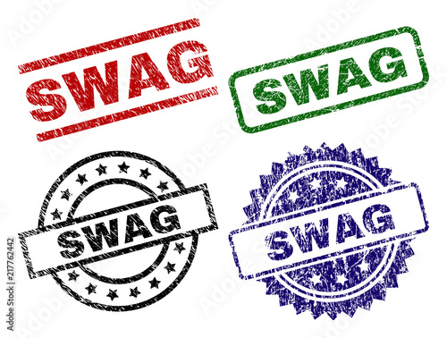 SWAG seal prints with distress style. Black, green,red,blue vector rubber prints of SWAG caption with grunge style. Rubber seals with round, rectangle, rosette shapes.
