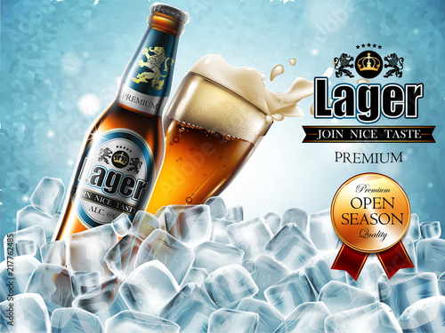 Design of advertising beer with  bottle and glass in ice cubes. High detailed delicous illustration.