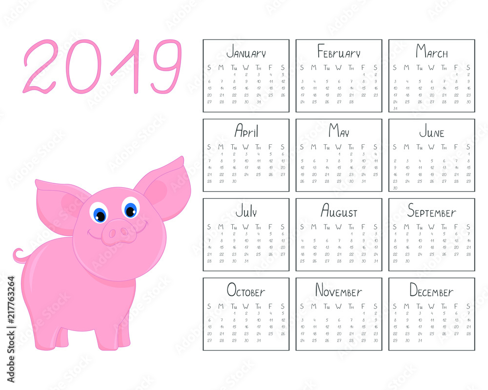 Calendar 2019. Hand drawn calendar with cute cartoon piggy. Vector ...