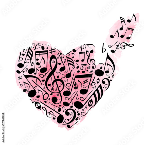 Pink watercolor heart of musical notes