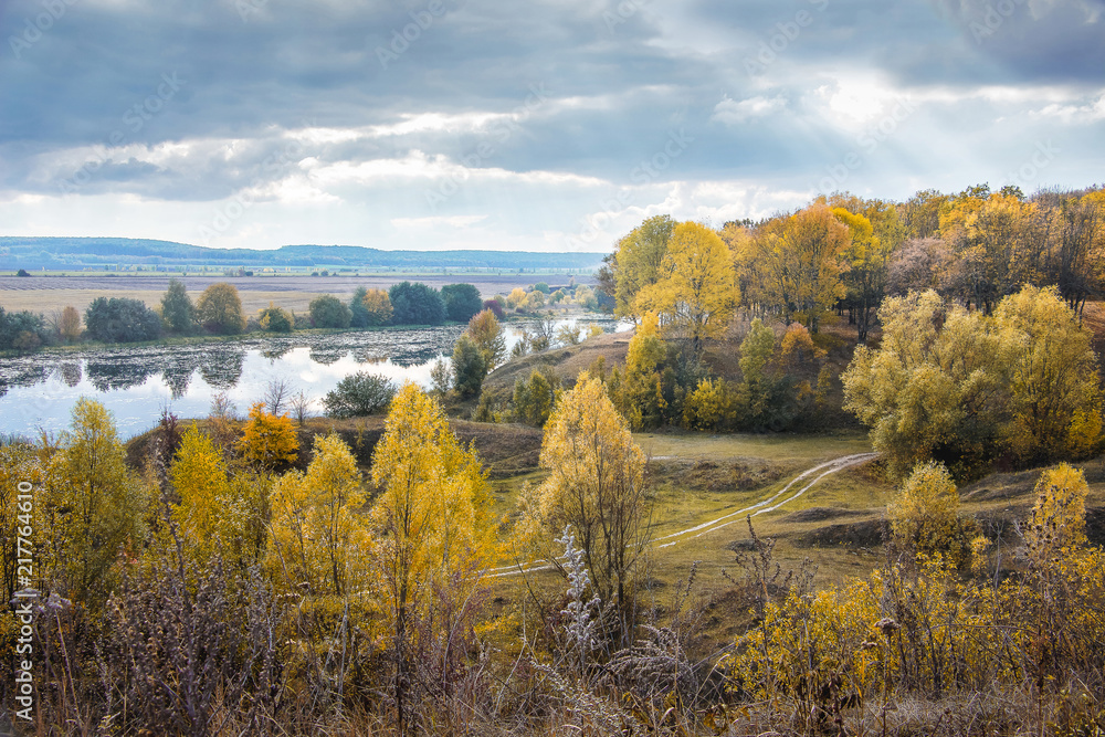 Autumn forest near the river, top view_