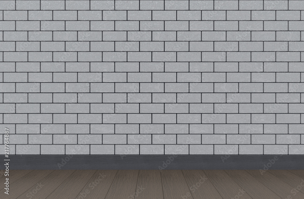 3d rendering. modern gray rough brick block wall and wood floor background.