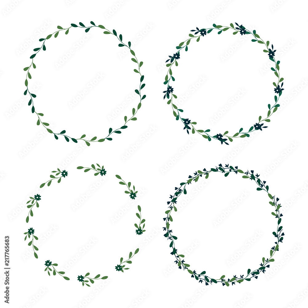 Set Eco-frame, round wreath for greeting card design, wedding invitations, logos, business cards, printed editions. Green botanical template with text. Flower elements, bushes, branches, leaves. Set Eco-frame, round wreath for greeting card design, wedding invitations, logos, business cards, printed editions. Green botanical template with text. Flower elements, bushes, branches, leaves.
