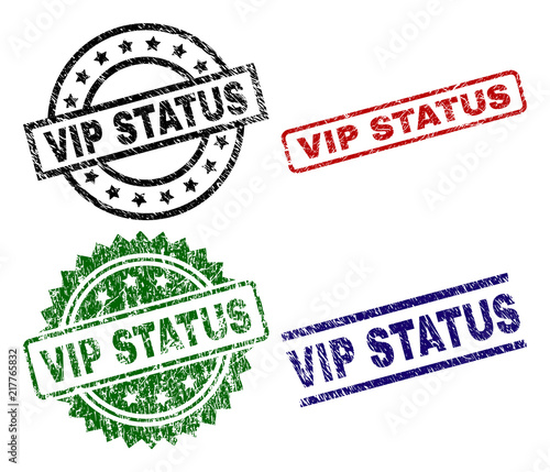 VIP STATUS seal prints with corroded style. Black, green,red,blue vector rubber prints of VIP STATUS text with corroded style. Rubber seals with round, rectangle, rosette shapes.