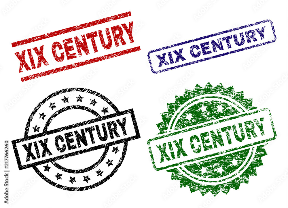XIX CENTURY seal prints with corroded surface. Black, green,red,blue vector rubber prints of XIX CENTURY caption with corroded texture. Rubber seals with round, rectangle, medal shapes. XIX CENTURY seal prints with corroded surface. Black, green,red,blue vector rubber prints of XIX CENTURY caption with corroded texture. Rubber seals with round, rectangle, medal shapes.