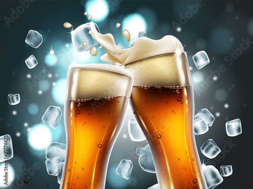Beer glasses with bubbles and a foamy splash. Very realistic illustration with the effect of transparency.