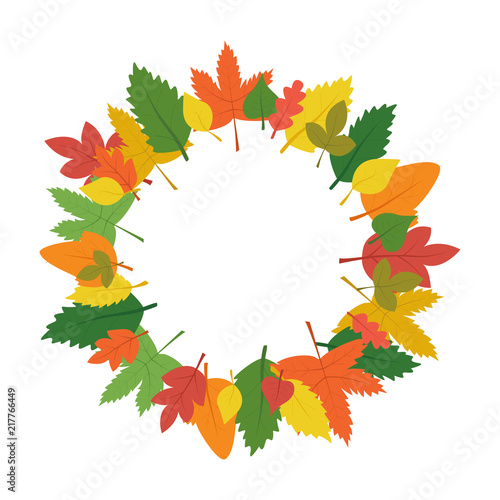 Hello, Autumn. Colorful background for design in a flat style for printing. Web banner with a pattern of vector leaves in orange, yellow, green, red. September October November.