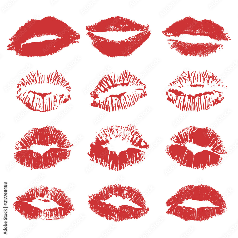 Red lipstick kiss on white background. Vector flat illustration for design. Printing of the lips. Red lipstick kiss on white background. Vector flat illustration for design. Printing of the lips.