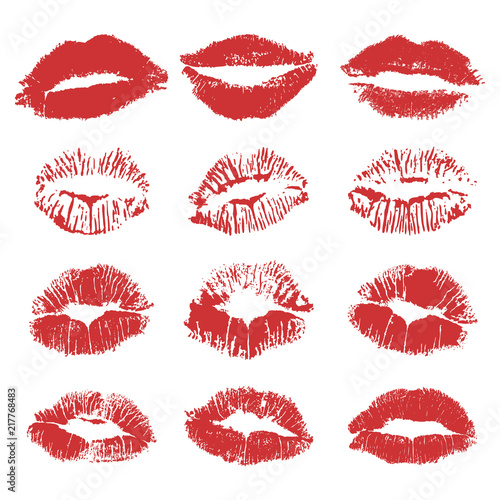 Red lipstick kiss on white background. Vector flat illustration for design. Printing of the lips.