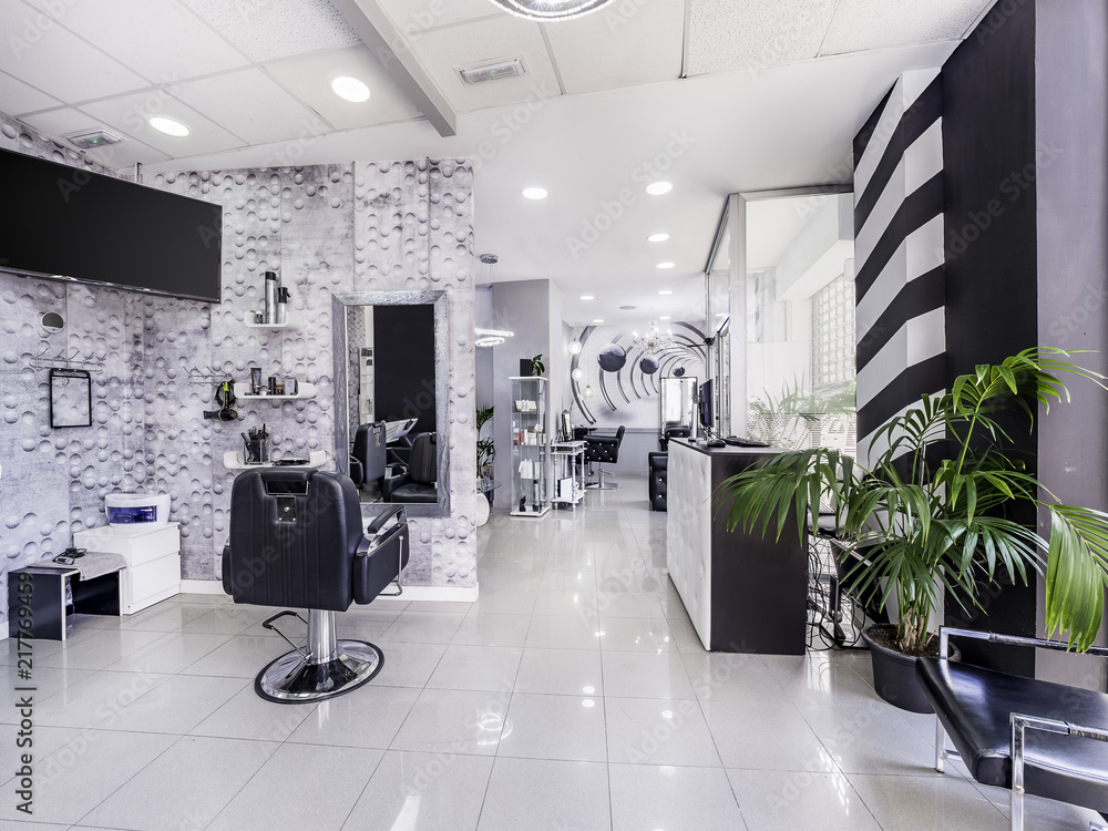 Modern bright beauty salon or baber shop. Hair salon interior business with  black and white luxury decor. Stock Photo | Adobe Stock