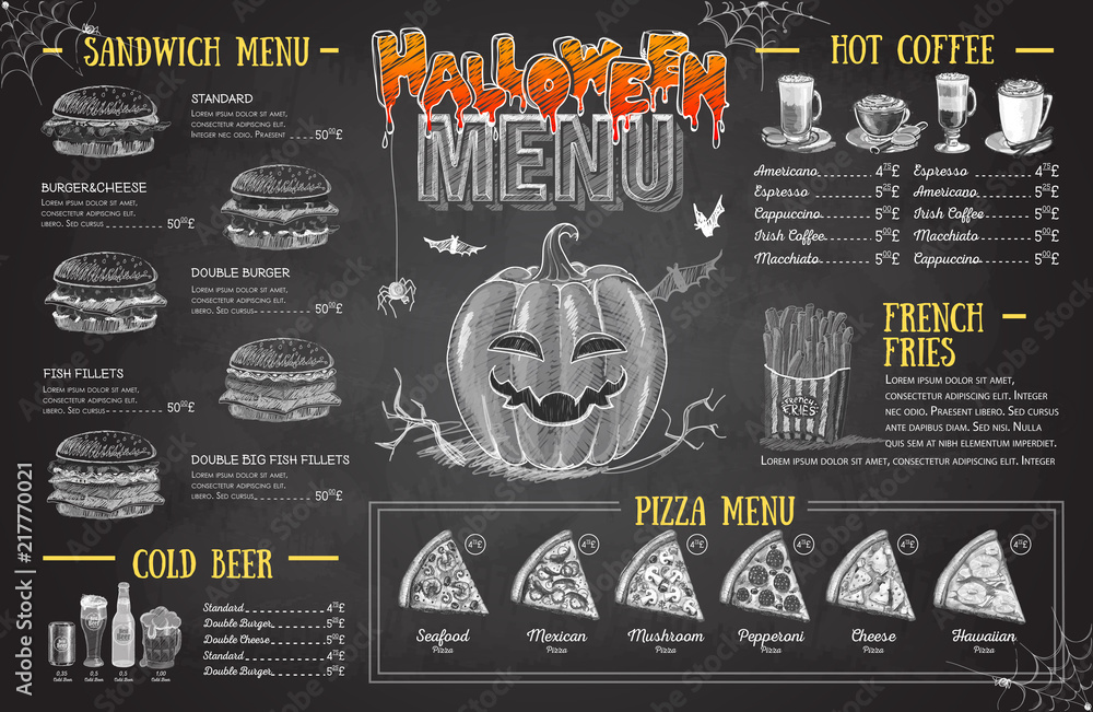 Naklejka premium Vintage chalk drawing halloween menu design. Restaurant menu