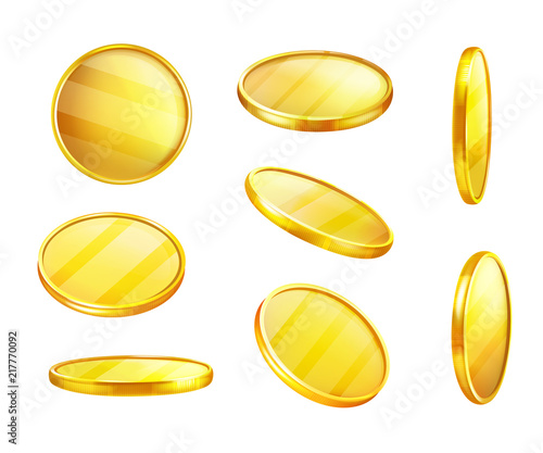 Vector golden coin in different positions, shiny piece of metal, value money. Expensive yellow circle, symbol of wealth, greed. Finance concept, currency with reflections