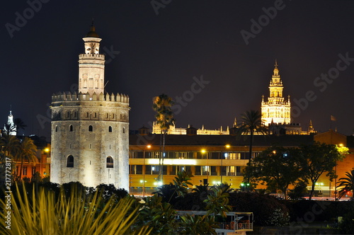 Giralda and Tower of Gold at night, Seville, Spain