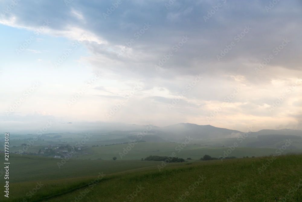 Sunrise and sunset over the hills and town. Slovakia