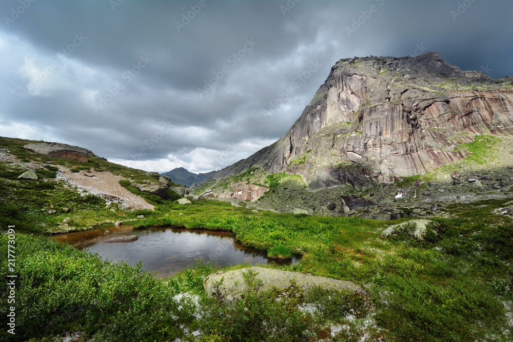 Landscape of beautiful summer picturesque mountain lake with dramatic cloudy sky