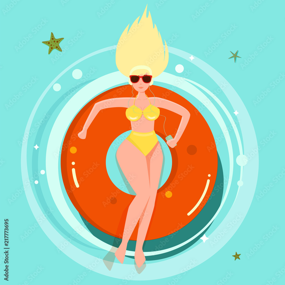 Woman in a swimsuit lying lying in the sun in a swimming pool in a lifebuoy and listening music. Vector illustration. Flat design. Woman in a swimsuit lying lying in the sun in a swimming pool in a lifebuoy and listening music. Vector illustration. Flat design.