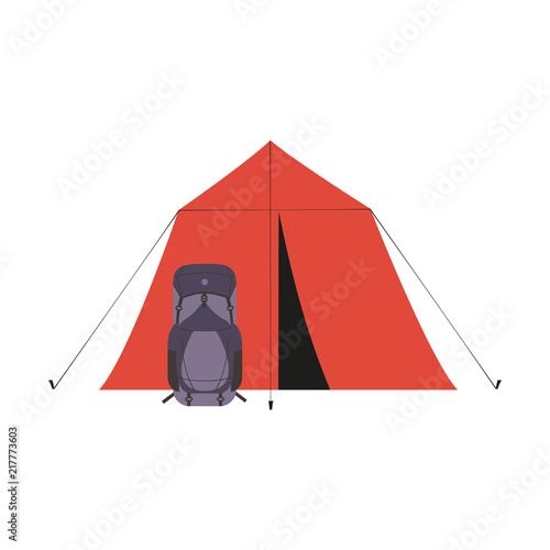 Tourist trip icon. Minimal simple extreme trip logo template. Outdoor sport, expedition. Journey gear equipment tent, backpack. Adventure camping symbol. Tourism banner background. Vector illustration