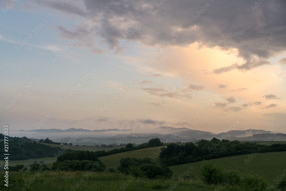 Sunrise and sunset over the hills and town. Slovakia