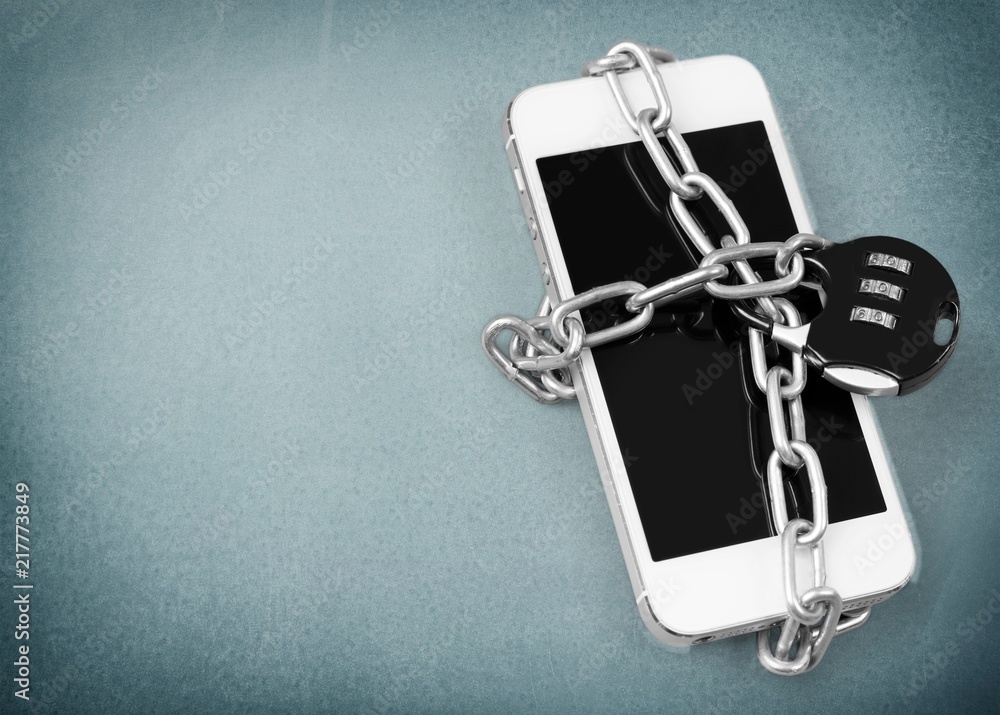 Modern smartphone with combination lock padlock. Concept Modern smartphone with combination lock padlock. Concept