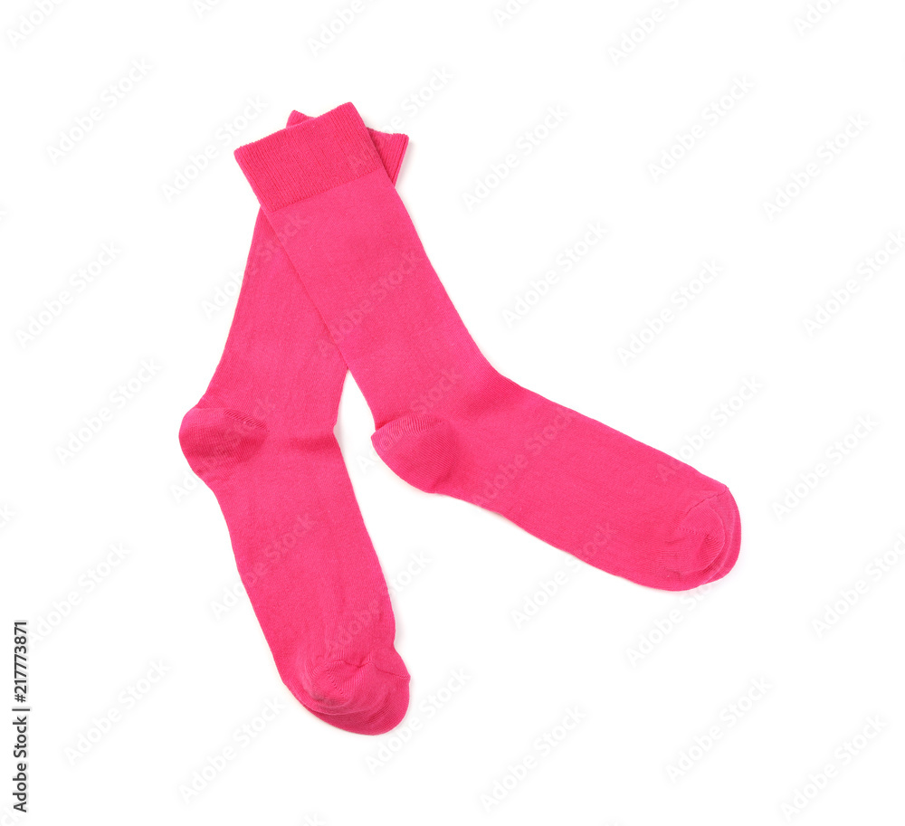 Pink socks on white background, top view Pink socks on white background, top view