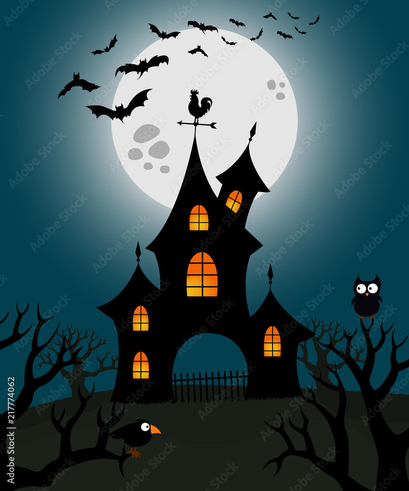 Haunted house with flying bats and Moon on background halloween theme
