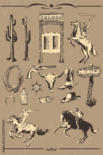 Wild west vector set. Hand drawn illustration with silhouette of cowboy, horse, horseshoe, boot, hat, gun, lasso for cowboy paty.