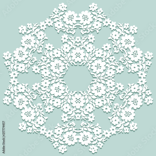 Handmade lace doily. Beautiful elegant vintage knitted lacy napkin. Wedding table decoration or invitation concept. Round lace pattern. Decorative element, EPS 8.