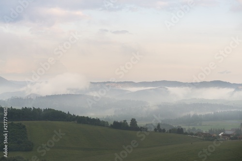 Sunrise and sunset over the hills and town. Slovakia