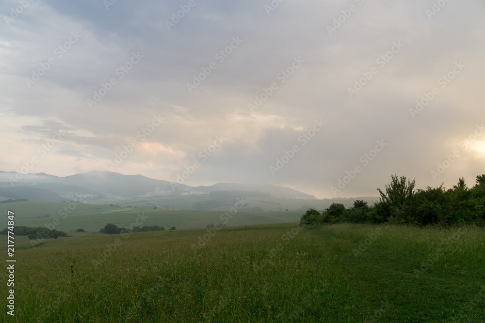 Sunrise and sunset over the hills and town. Slovakia