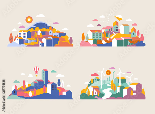 City landscape with buildings, hills and trees. Vector illustration in minimal geometric flat style. Abstract background of landscape in half-round composition for banners, covers. City with windmills photo