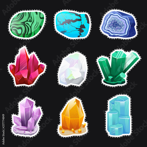 Crystal vector set. Crystalline stone or gem. Precious gemstone. Magic crystals sticker design, stones patches set.